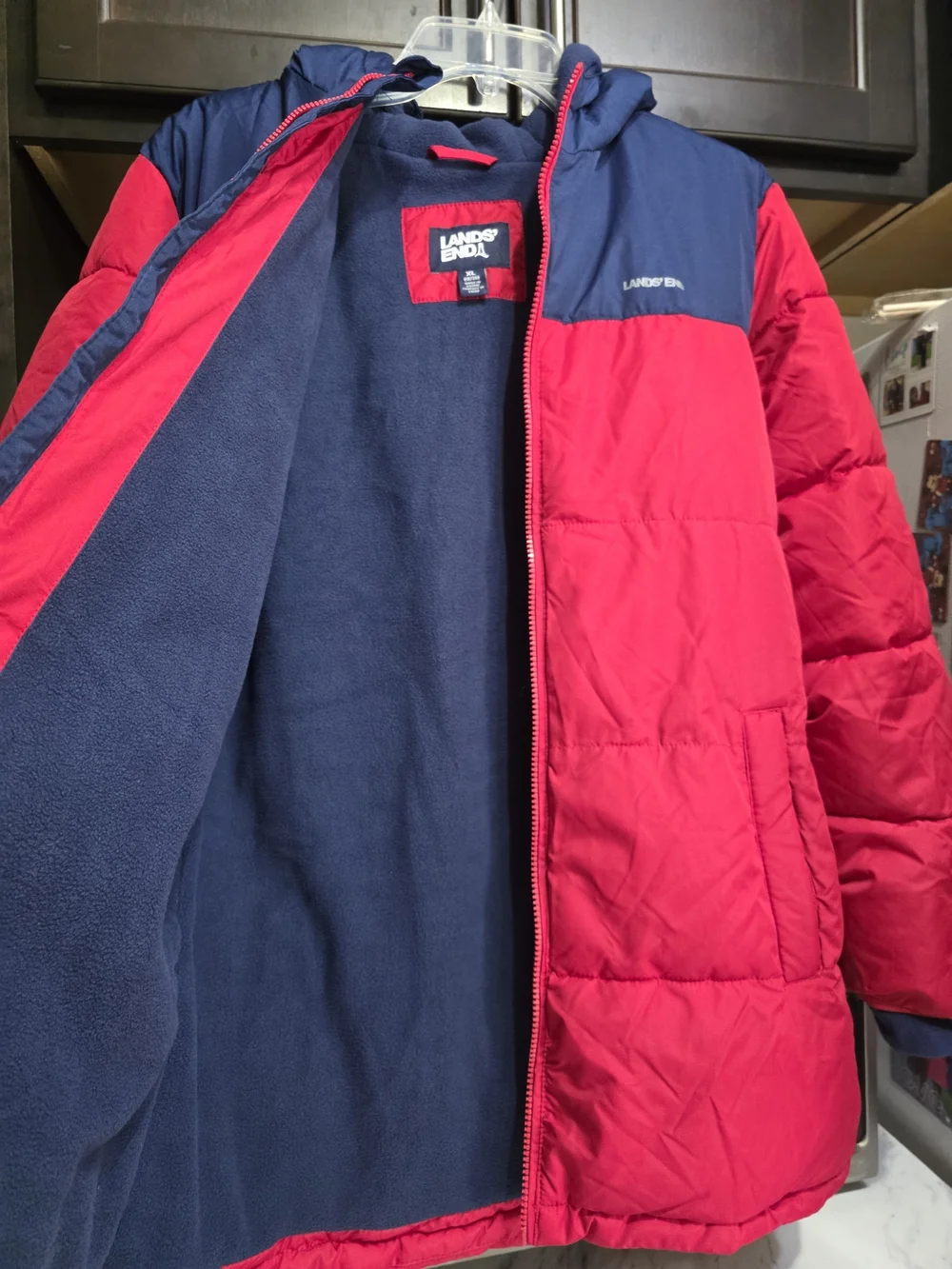Lands' End Kids' Red & Navy Hooded Puffer Jacket Youth 18/20